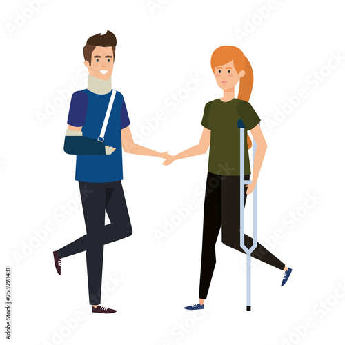 man with orthopedic collar and woman in crutch