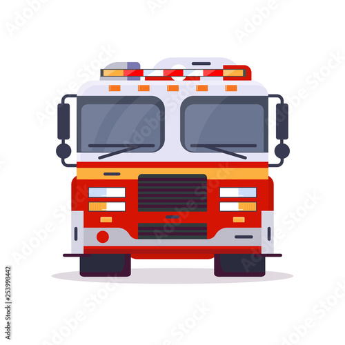 Front view of fire engine car with lights. Flat style vector illustration. Vehicle and transport banner. Modern firefighter american car. 911 truck with firefighter. Emergency fire engine vehicle.