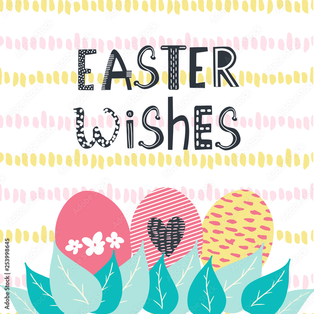 Easter wishes modern calligraphy and eggs and flowers card on textured background. Happy Easter greeting card template Easter wishes modern calligraphy and eggs and flowers card on textured background. Happy Easter greeting card template
