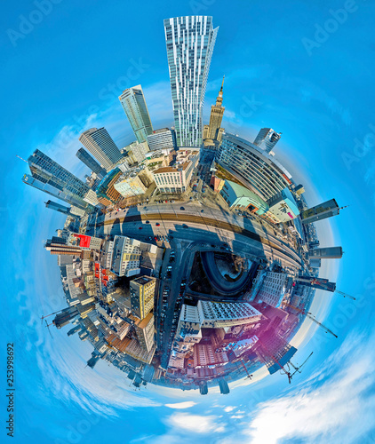 Beautiful panoramic aerial drone view "little planet" - 360 degree panorama -to the center of Warsaw City © udmurd
