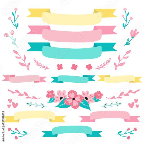 Set of decorative colorful ribbons and flowers and florals for card, flyer,banner design. Pre made flower bouquet and ribbons in bright color palette for Easter and spring designs.