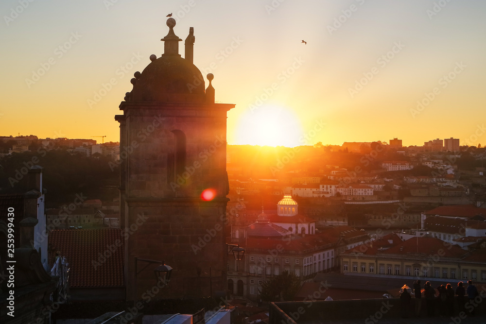 Historical church of porto old city town during the sunset golden hour, Portugal