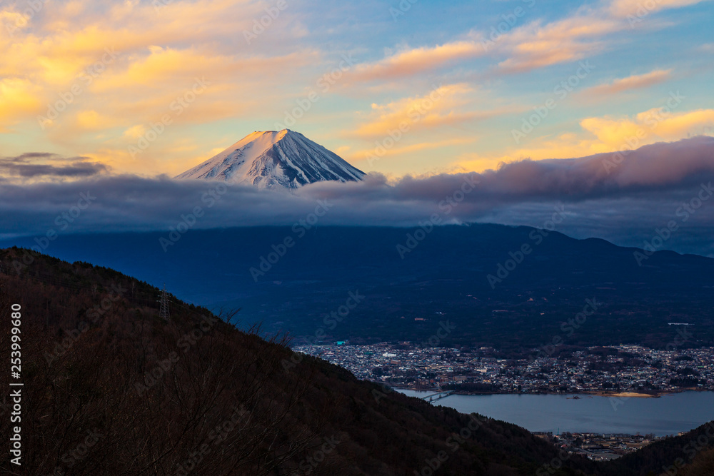 Beautiful morning sunrise at mount Fuji, Kawaguchigo, Japan