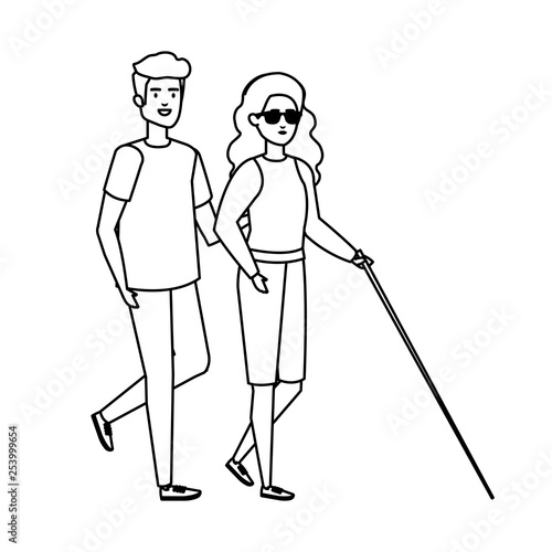 blind woman with walking stick and helper