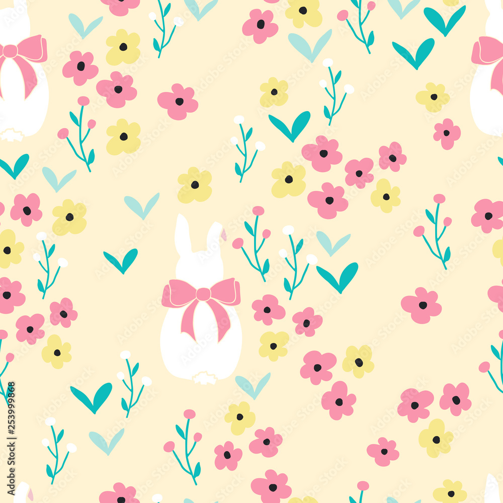 Seamless pattern background with flowers and cute bunny rabbits. Seamless ditsy floral pattern.