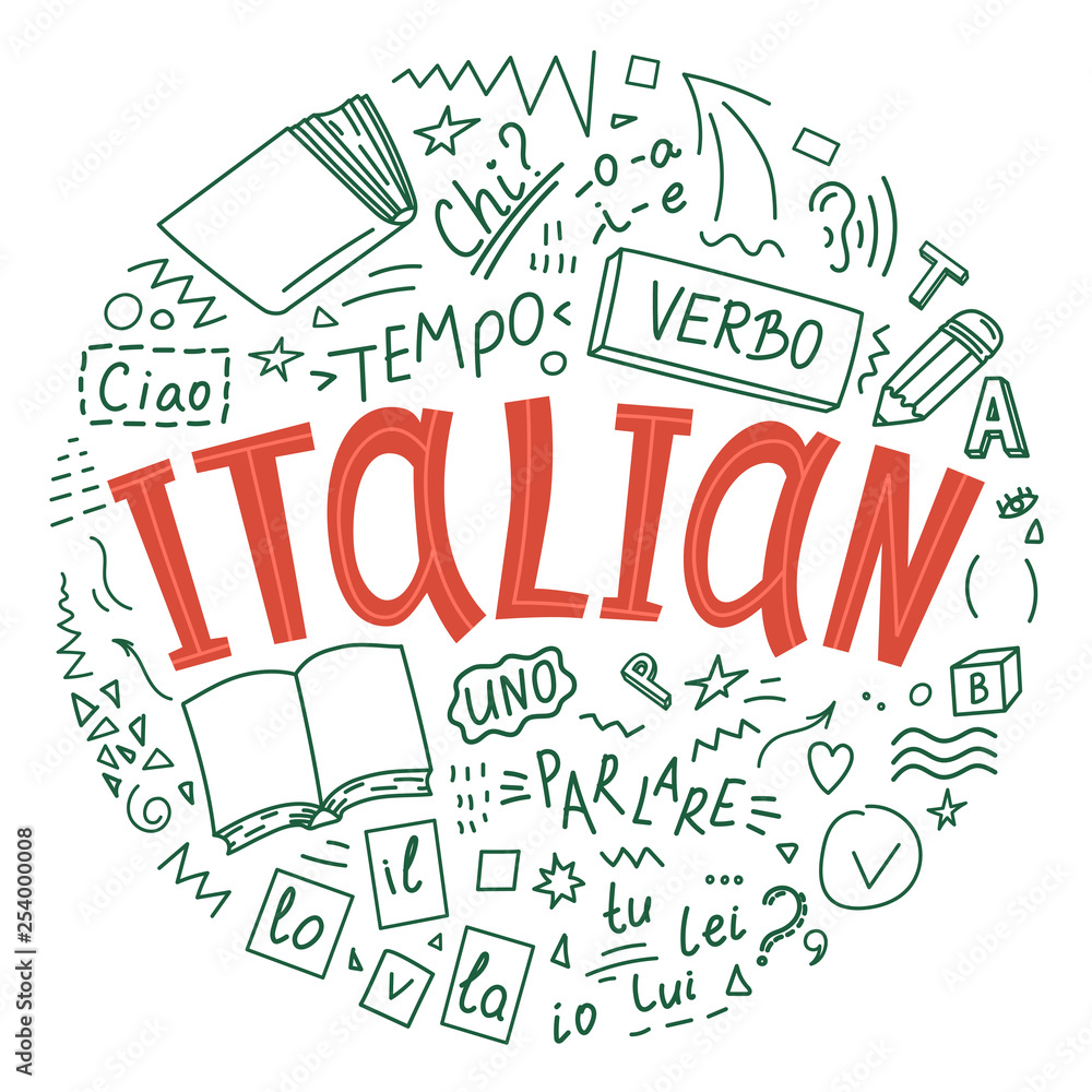 Italian. Hand drawn doodles and lettering. 