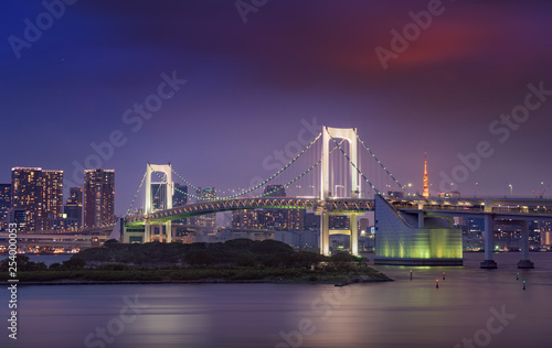 view of Rainbow bridge  Tokyo skyline and Tokyo tower  twilight scene