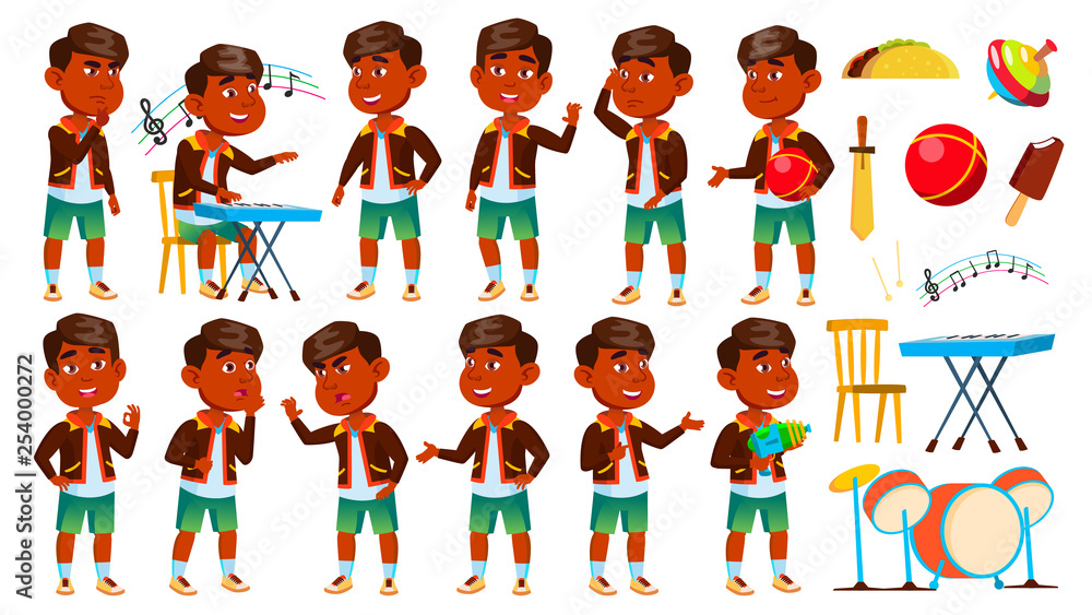 Indian Boy Kindergarten Kid Poses Set Vector. Preschool. Young Person. Cheerful. For Web, Brochure, Poster Design. Isolated Cartoon Illustration