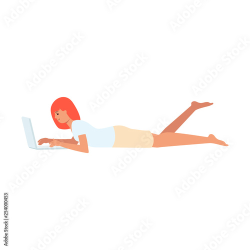 Smiling woman is lying down with laptop cartoon style