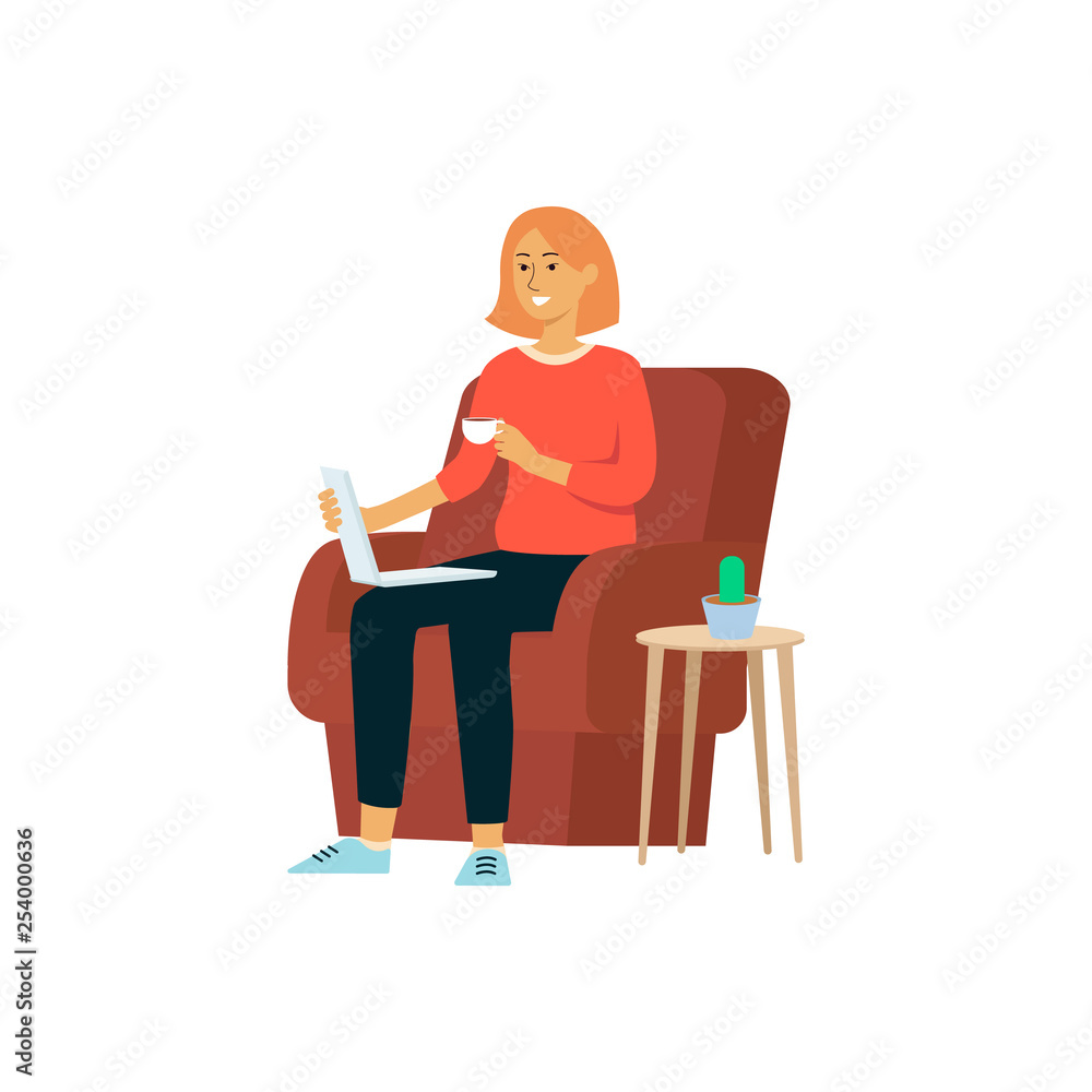 Woman with laptop and cup sitting in chair cartoon style