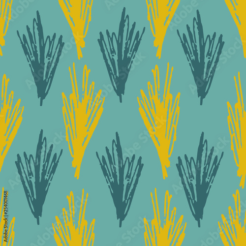 Pale colors seamless pattern with blue, turquoise and olive colors grass on teal background. Trendy abstract vector leaves texture for textile, wrapping paper, surface, cover, web design