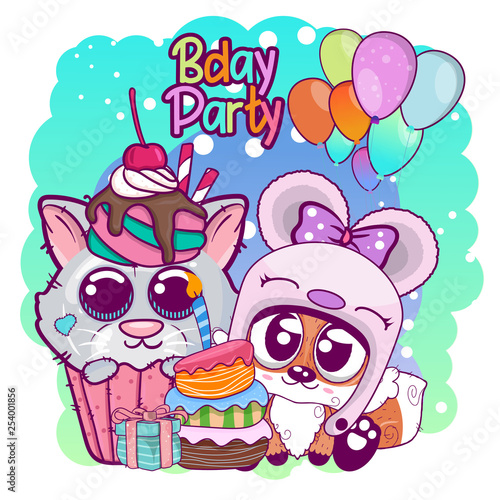Greeting birthday card with cute kitten and fox - Illustration
