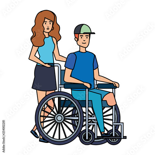 young man in wheelchair with female helper