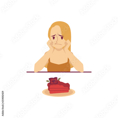 Sad woman sitting at table and looking at cake during diet cartoon style