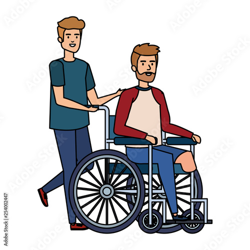 young man in wheelchair with male helper