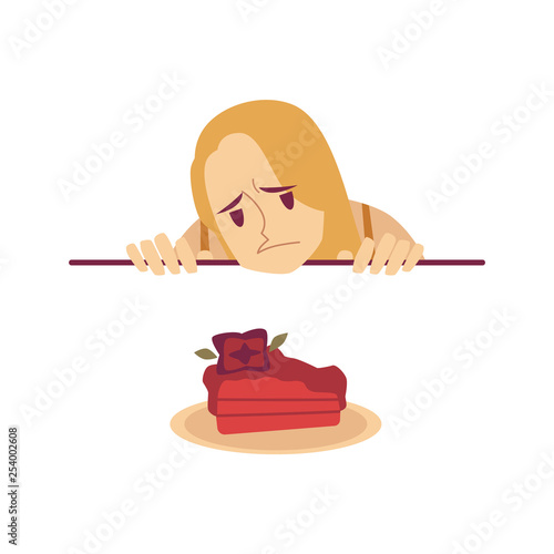 Sad woman is looking at cake from under the table cartoon style