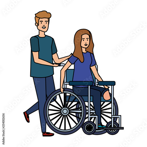 young woman in wheelchair with male helper