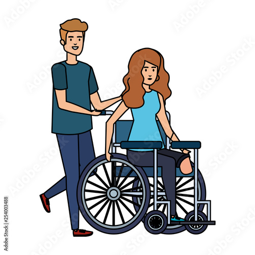 young woman in wheelchair with male helper