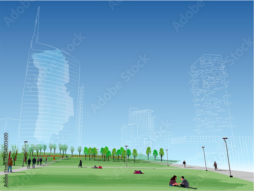 View of the Unicredit Tower and the Vertical Forest (bosco verticale) seen from the Biblioteca degli Alberi (Library of Trees), park close to Piazza Gae Aulenti and the Isola district. Milan. Italy
