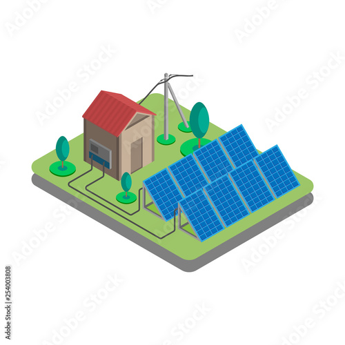 Isometric solar power plant. Solar panels with control buildings