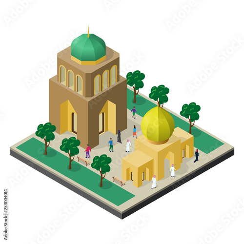 Cityscape in isometric view. Temple, urban building, alley with trees, benches and people.
