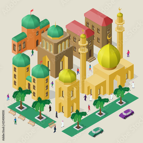 Set of isometric buildings, mosque, minarets, benches, trees, cars and people. Vector cityscape in oriental style.