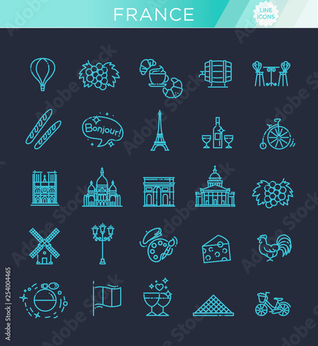 France Icons Set.France Illustration.France Flat Symbols.Paris Design Set. Paris Elements Collection