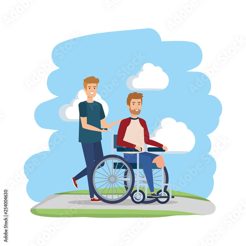 young man in wheelchair with male helper