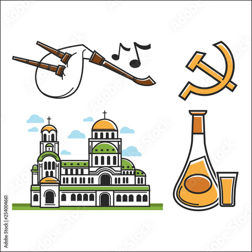 Bulgaria symbols church building and drink musical instrument
