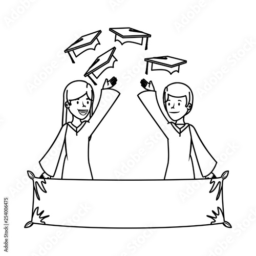 young students couple graduated characters