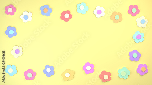 Fototapeta Naklejka Na Ścianę i Meble -  playful pastel paper flowers form a frame on a bright yellow background, 3d background illustration