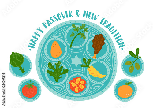 Passover holiday cute traditional seder plate with new tradition.