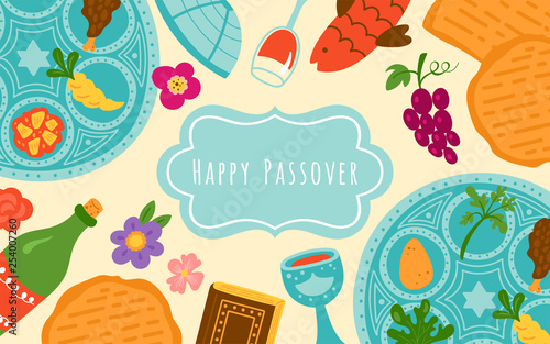 Passover holiday cute banner design with traditional seder plate, matzo and wine. photo