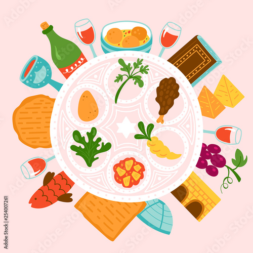 Passover holiday cute greeting card design with traditional seder plate and elements.