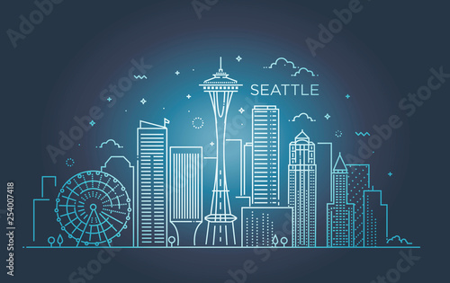 Banner of Seattle city in flat line trendy style. Seattle city line art.