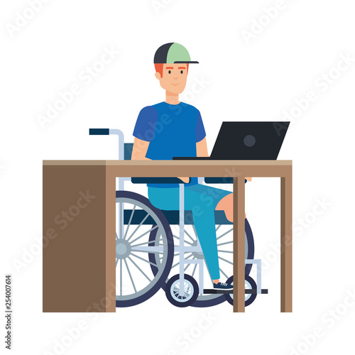 young man in wheelchair working in the office