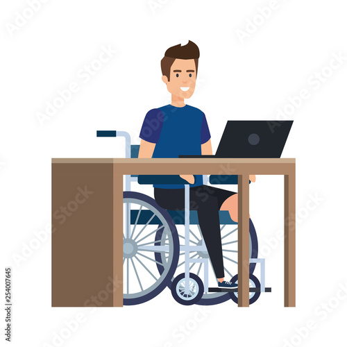 young man in wheelchair working in the office