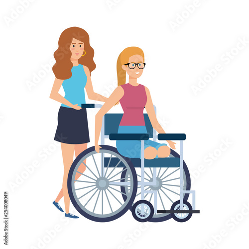 young woman in wheelchair with female helper