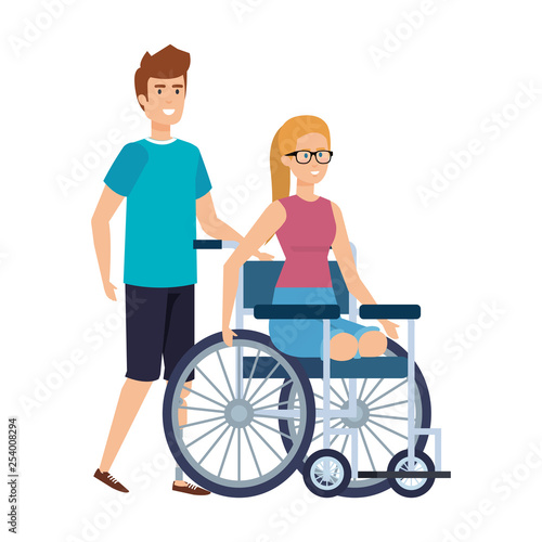 young woman in wheelchair with male helper