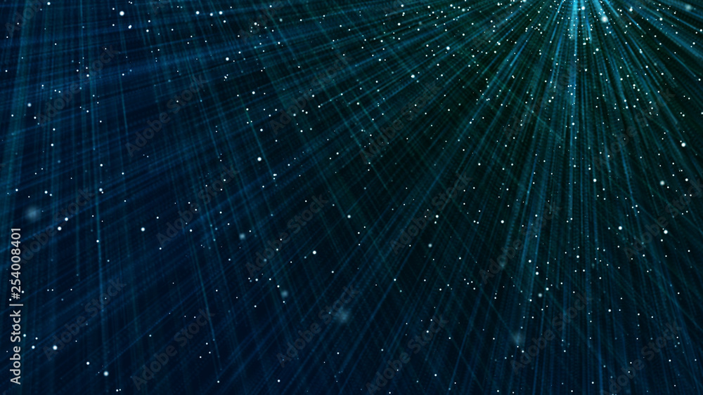 Naklejka premium Abstract futuristic space rain. Mystical universe banner. Sparkling blue threads curtain. Magic glitter rain. Big data. 3D rendering.