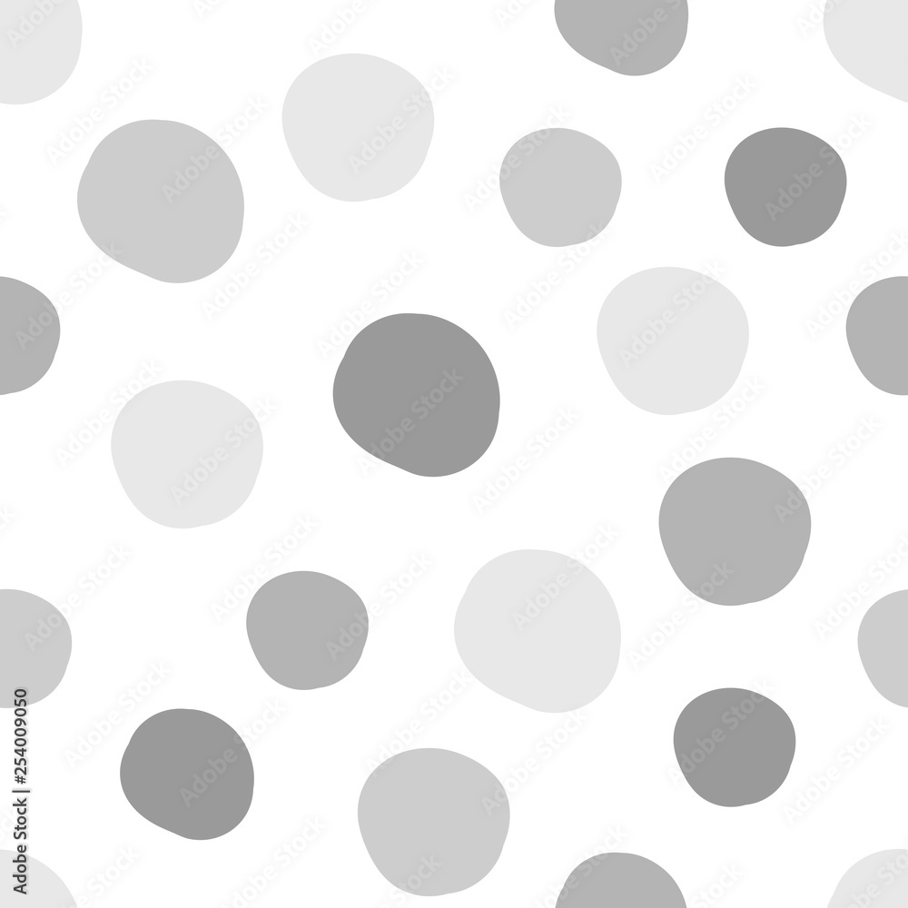 Geometrical background with uneven circles. Abstract round seamless pattern. Hand drawn colorful dots pattern on white background. Vector illustration.