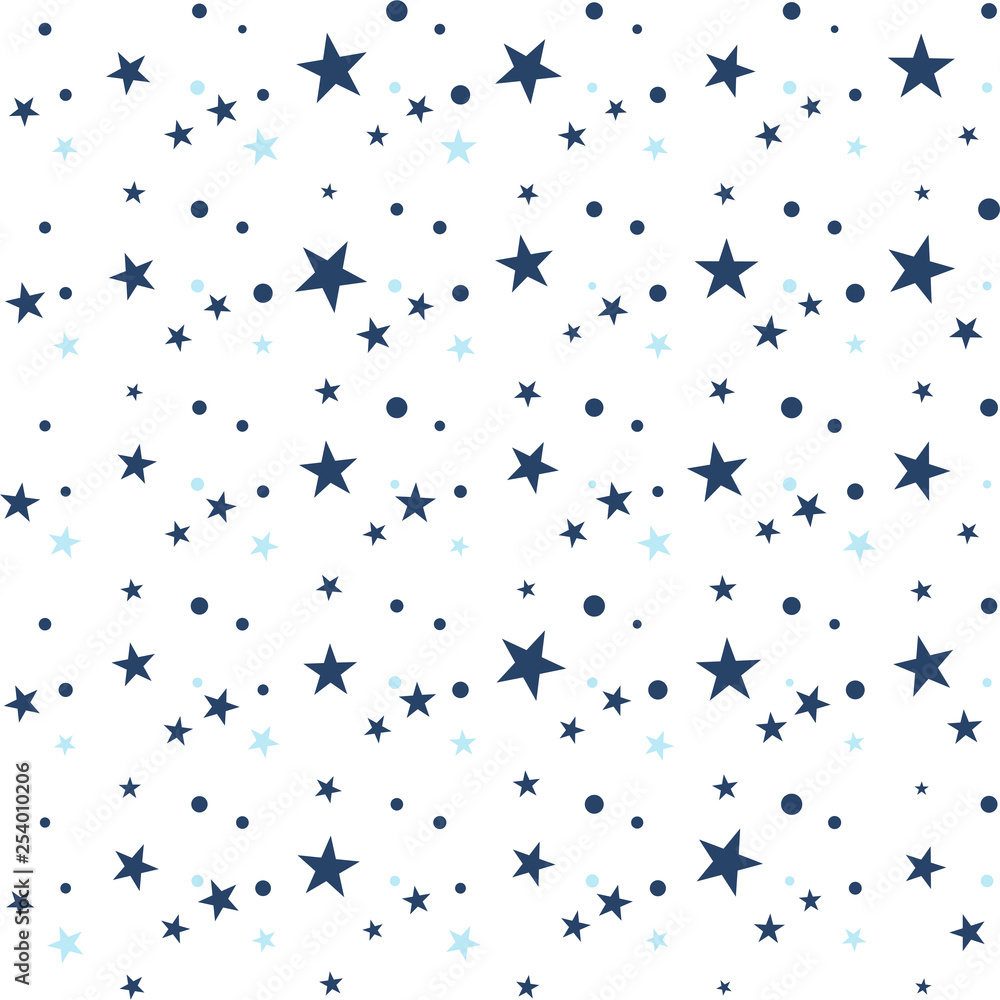 Seamless pattern with little blue dots, stars stars on white background. Confetti background. Vector illustration.