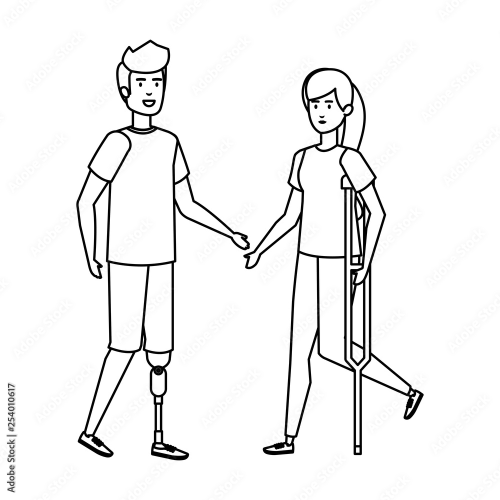 woman in crutches and man with prosthesis woman in crutches and man with prosthesis