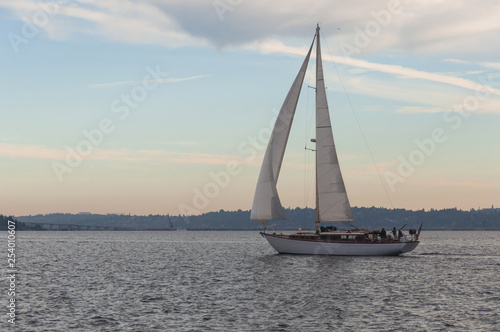 A yacht sailing through Marina Bay, Kirkland, WA, USA