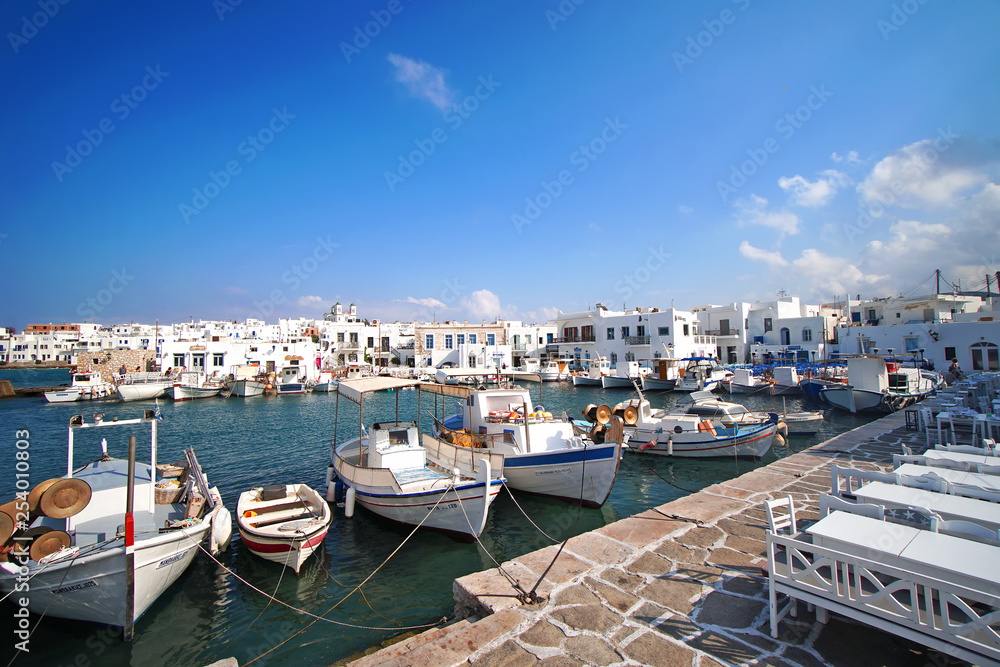 Panoramic view of the port of Naoussa on a September day