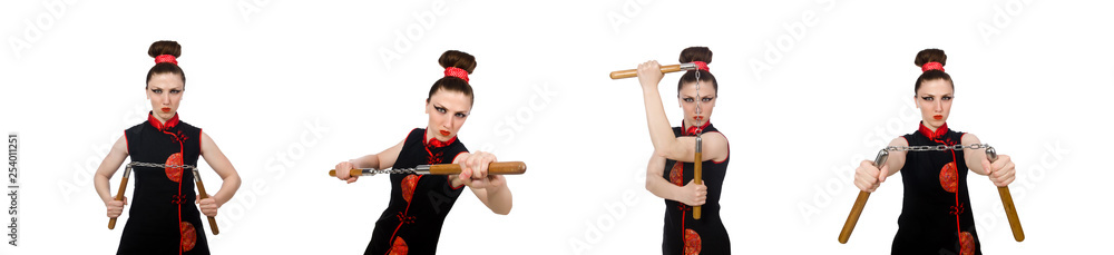 Funny woman with nunchucks isolated on white Funny woman with nunchucks isolated on white