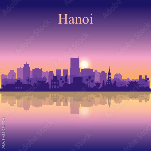 Hanoi city silhouette on sunset background