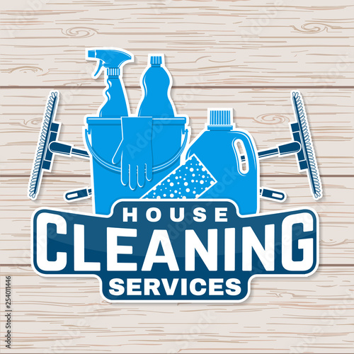 Cleaning company badge, emblem. Vector illustration. Concept for patch, stamp or sticker. Vintage typography design with cleaning equipments. Cleaning service sign for company related business