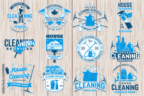 Cleaning company badge, emblem. Vector illustration. Concept for patch, stamp or sticker. Vintage typography design with cleaning equipments. Cleaning service sign for company related business photo