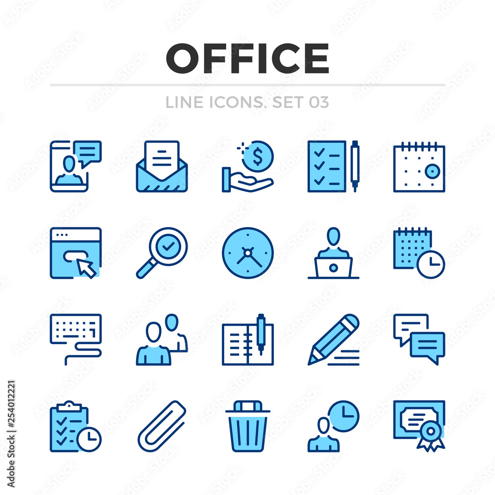 Office work vector line icons set. Thin line design. Outline graphic elements, simple stroke symbols. Office work icons Office work vector line icons set. Thin line design. Outline graphic elements, simple stroke symbols. Office work icons